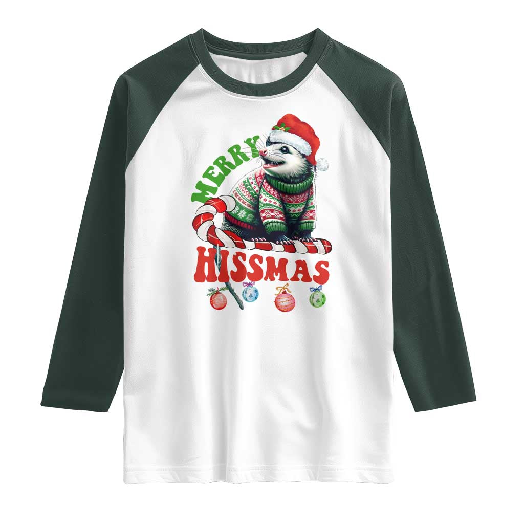 Funny Christmas Opossum Raglan Shirt Merry Hissmass TS09 White Dark Forest Green Print Your Wear