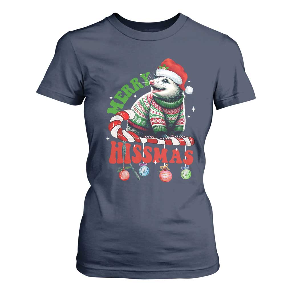 Funny Christmas Opossum T Shirt For Women Merry Hissmass TS09 Navy Print Your Wear