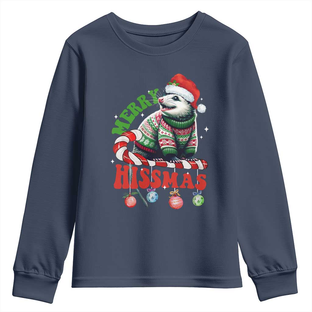 Funny Christmas Opossum Youth Sweatshirt Merry Hissmass TS09 Navy Print Your Wear