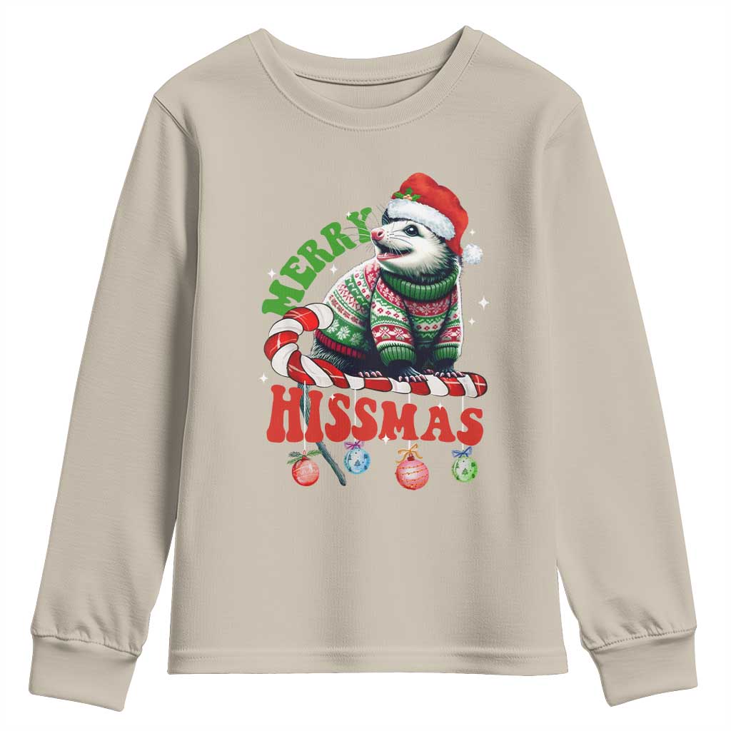 Funny Christmas Opossum Youth Sweatshirt Merry Hissmass TS09 Sand Print Your Wear