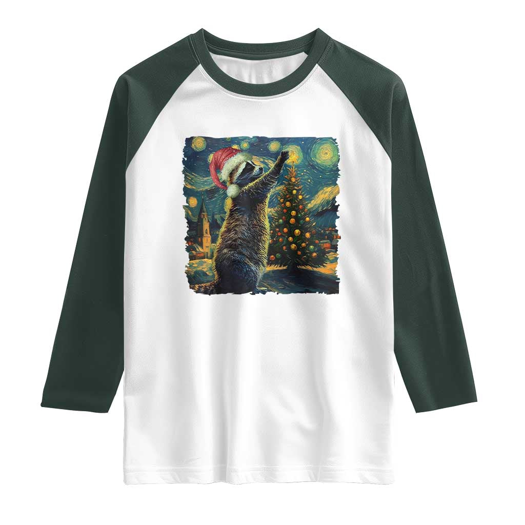 Christmas Starry Night Raccoon Raglan Shirt TS09 White Dark Forest Green Print Your Wear