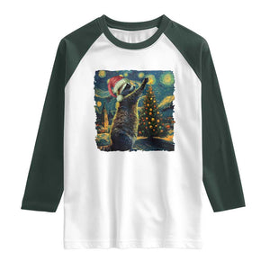 Christmas Starry Night Raccoon Raglan Shirt TS09 White Dark Forest Green Print Your Wear