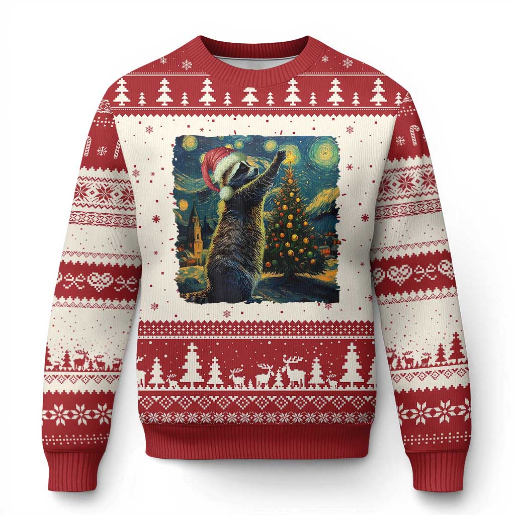 Christmas Starry Night Raccoon Ugly Christmas Sweater TS09 Red Print Your Wear