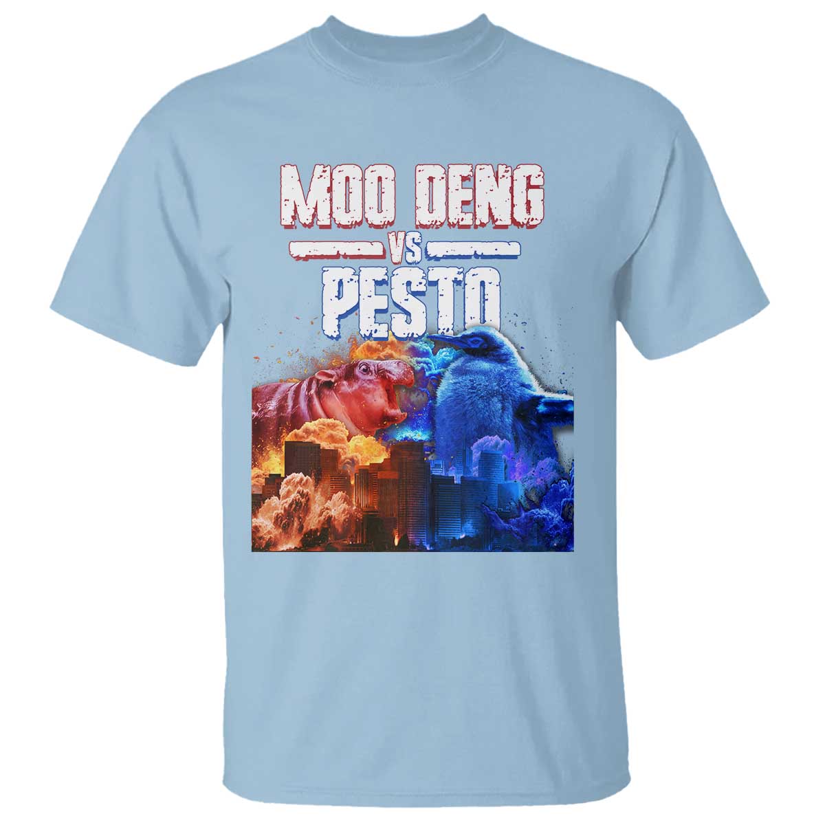 Funny Moo Deng VS Pesto T Shirt TS09 Light Blue Print Your Wear