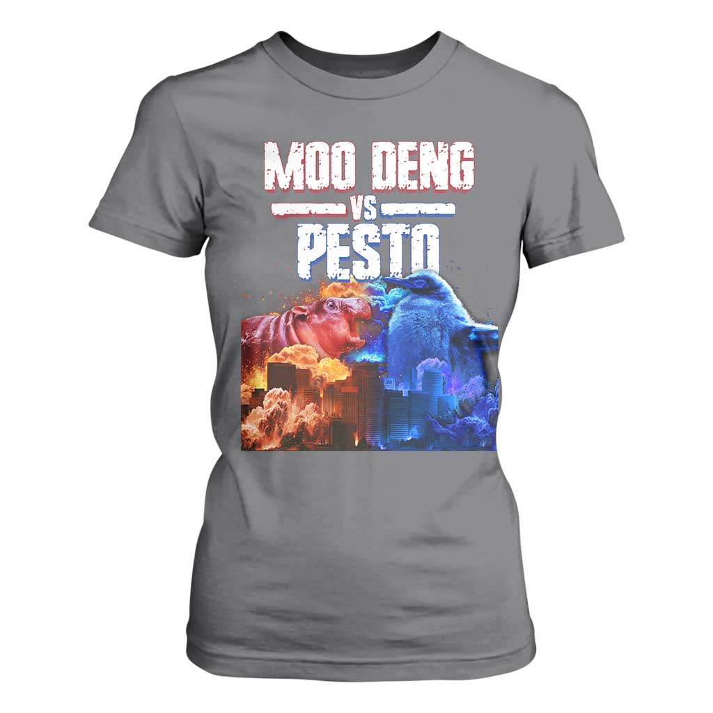 Funny Moo Deng VS Pesto T Shirt For Women TS09 Charcoal Print Your Wear