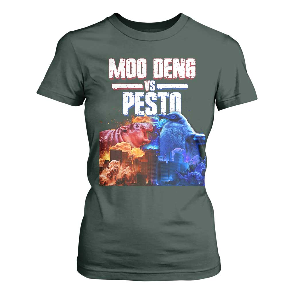 Funny Moo Deng VS Pesto T Shirt For Women TS09 Dark Forest Green Print Your Wear
