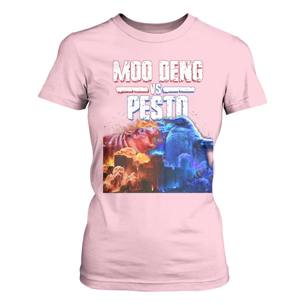 Funny Moo Deng VS Pesto T Shirt For Women TS09 Light Pink Print Your Wear