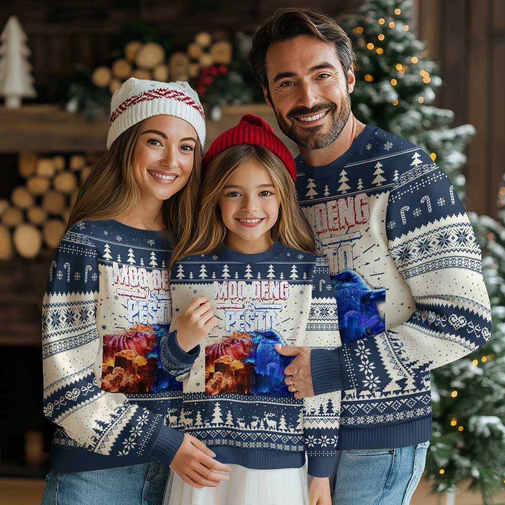 Funny Moo Deng VS Pesto Ugly Christmas Sweater TS09 Navy Print Your Wear