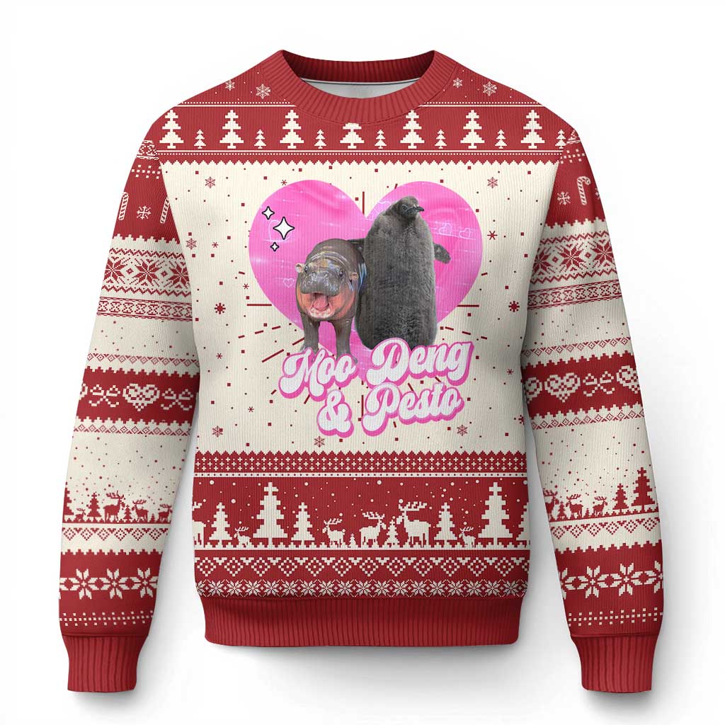 Funny Best Friends Moo Deng Pesto Ugly Christmas Sweater TS09 Red Print Your Wear