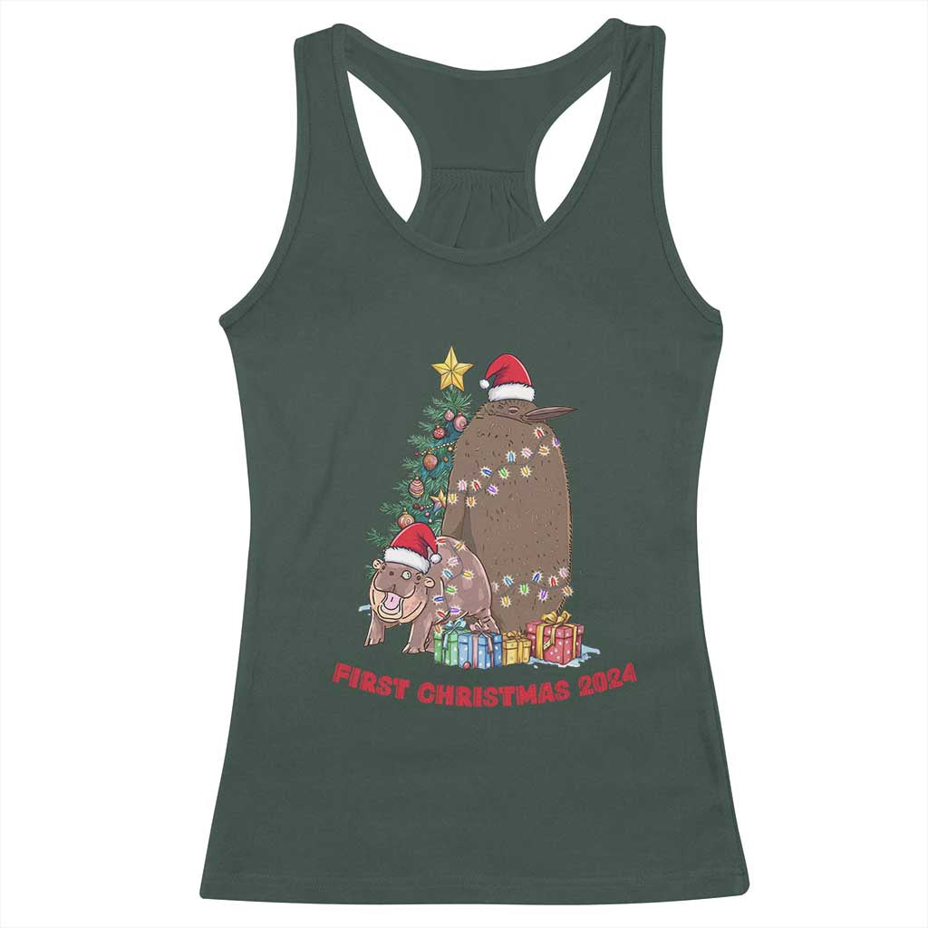 First Christmas 2024 Moo Deng Pesto Racerback Tank Top TS09 Dark Forest Green Print Your Wear