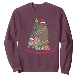 First Christmas 2024 Moo Deng Pesto Sweatshirt TS09 Maroon Print Your Wear