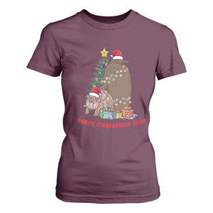 First Christmas 2024 Moo Deng Pesto T Shirt For Women TS09 Maroon Print Your Wear