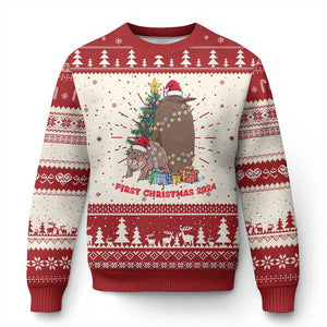 First Christmas 2024 Moo Deng Pesto Ugly Christmas Sweater TS09 Red Print Your Wear