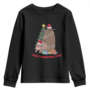 First Christmas 2024 Moo Deng Pesto Youth Sweatshirt TS09 Black Print Your Wear