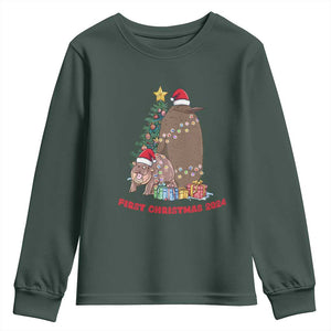First Christmas 2024 Moo Deng Pesto Youth Sweatshirt TS09 Dark Forest Green Print Your Wear