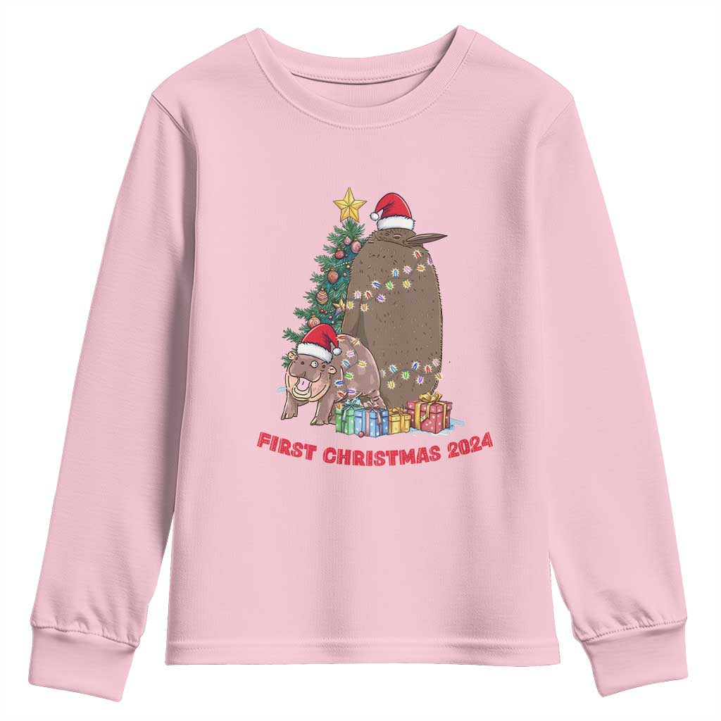 First Christmas 2024 Moo Deng Pesto Youth Sweatshirt TS09 Light Pink Print Your Wear
