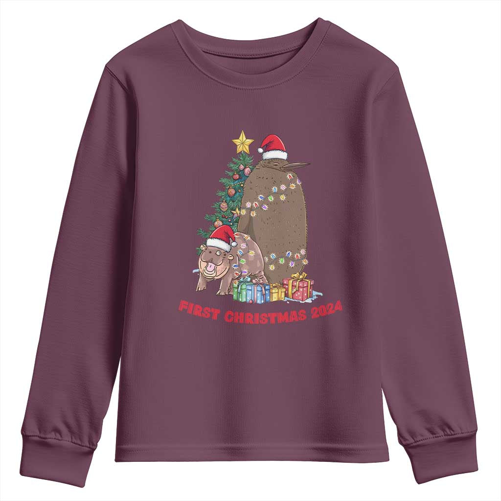 First Christmas 2024 Moo Deng Pesto Youth Sweatshirt TS09 Maroon Print Your Wear