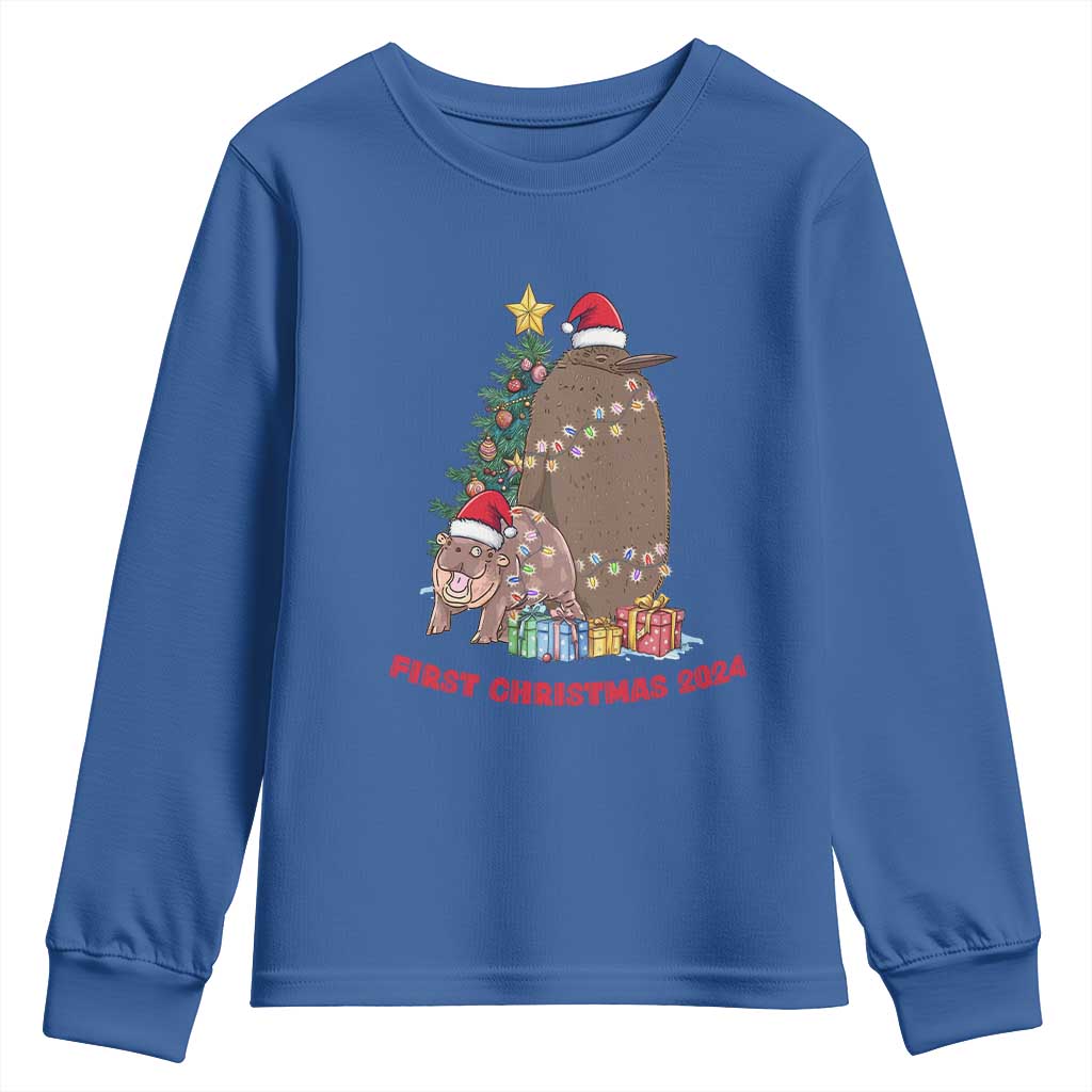 First Christmas 2024 Moo Deng Pesto Youth Sweatshirt TS09 Royal Blue Print Your Wear