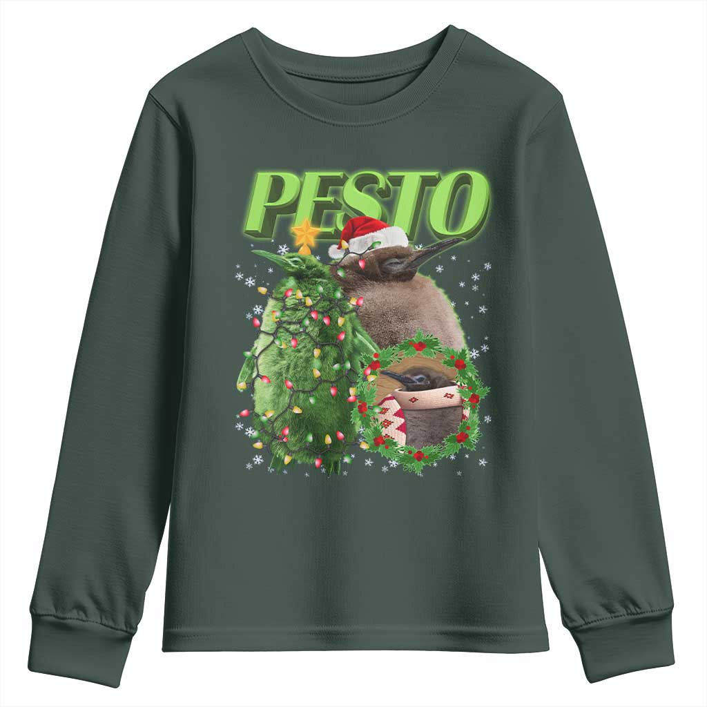 Funny Christmas Pesto Penguin Youth Sweatshirt TS09 Dark Forest Green Print Your Wear