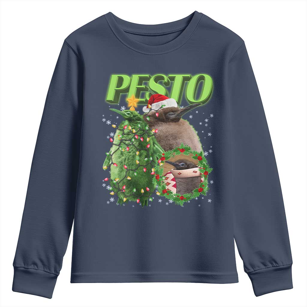 Funny Christmas Pesto Penguin Youth Sweatshirt TS09 Navy Print Your Wear