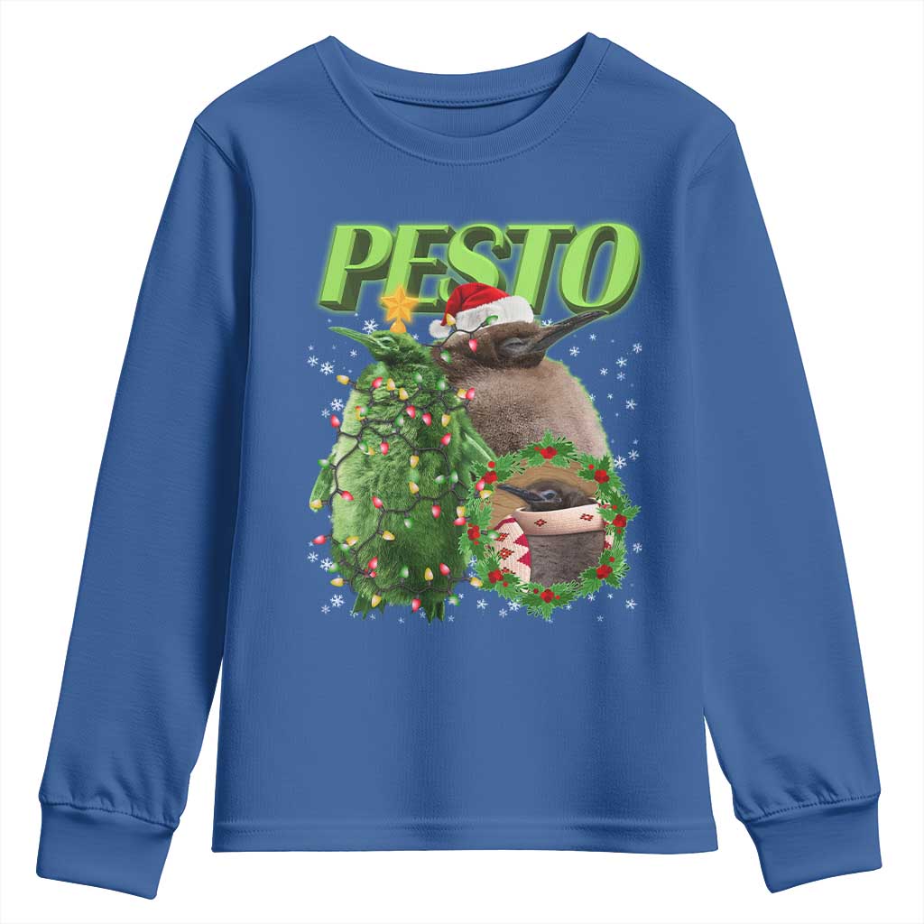 Funny Christmas Pesto Penguin Youth Sweatshirt TS09 Royal Blue Print Your Wear