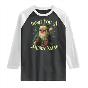 Irish You A Merry Xmas Raglan Shirt Shamrock Santa Ireland Lucky TS09 Black White Print Your Wear