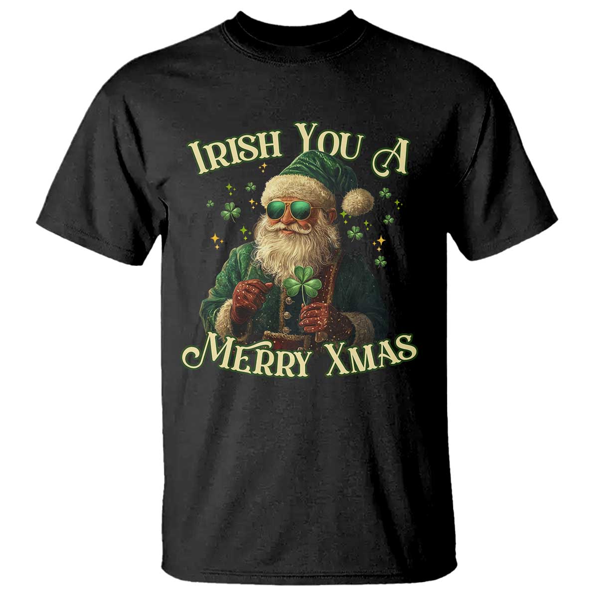 Irish You A Merry Xmas T Shirt Shamrock Santa Ireland Lucky TS09 Black Print Your Wear