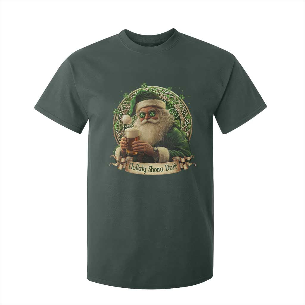 Irish Christmas T Shirt For Kid Nollaig Shona Duit Shamrock Santa Drinking Beer TS09 Dark Forest Green Print Your Wear