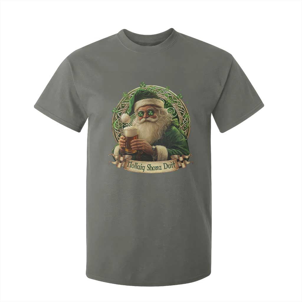 Irish Christmas T Shirt For Kid Nollaig Shona Duit Shamrock Santa Drinking Beer TS09 Military Green Print Your Wear