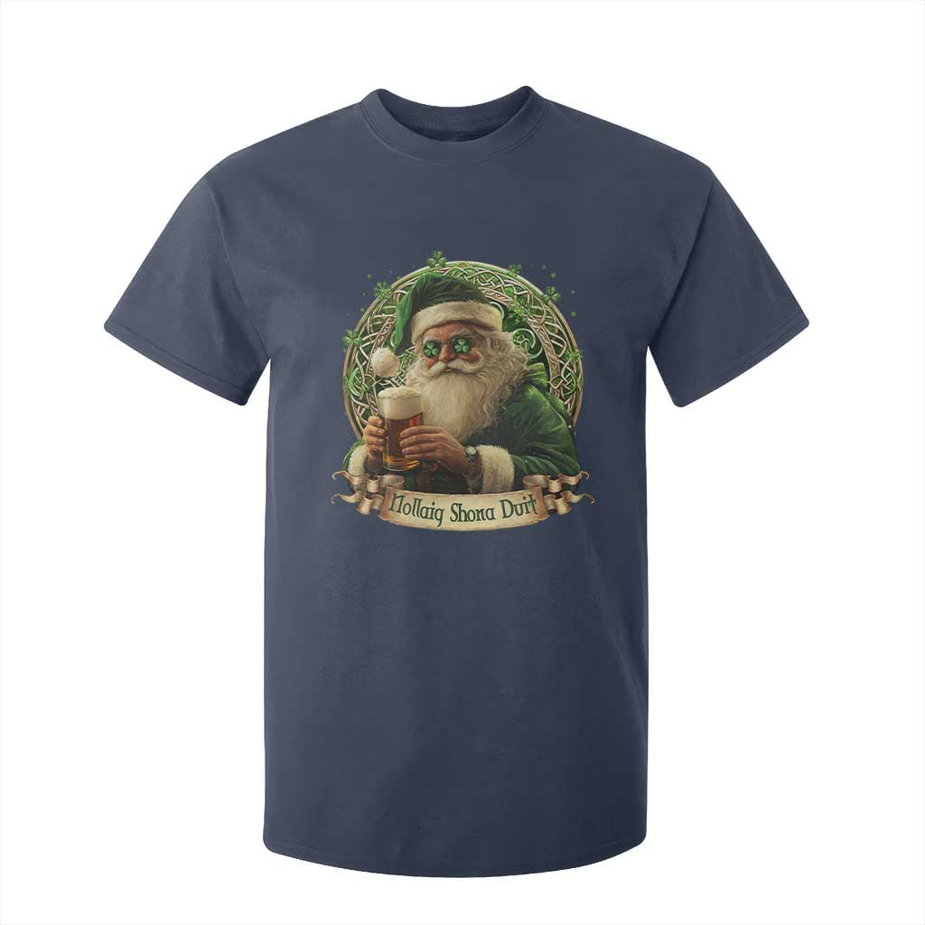Irish Christmas T Shirt For Kid Nollaig Shona Duit Shamrock Santa Drinking Beer TS09 Navy Print Your Wear