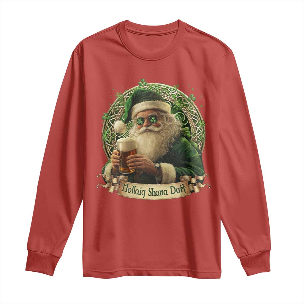 Irish Christmas Long Sleeve Shirt Nollaig Shona Duit Shamrock Santa Drinking Beer TS09 Red Print Your Wear