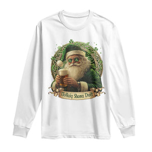 Irish Christmas Long Sleeve Shirt Nollaig Shona Duit Shamrock Santa Drinking Beer TS09 White Print Your Wear