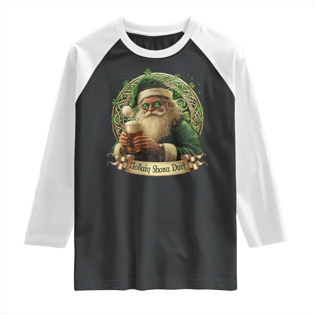 Irish Christmas Raglan Shirt Nollaig Shona Duit Shamrock Santa Drinking Beer TS09 Black White Print Your Wear