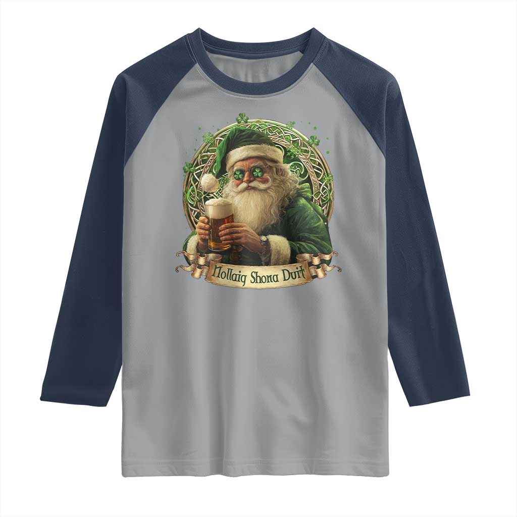 Irish Christmas Raglan Shirt Nollaig Shona Duit Shamrock Santa Drinking Beer TS09 Sport Gray Navy Print Your Wear