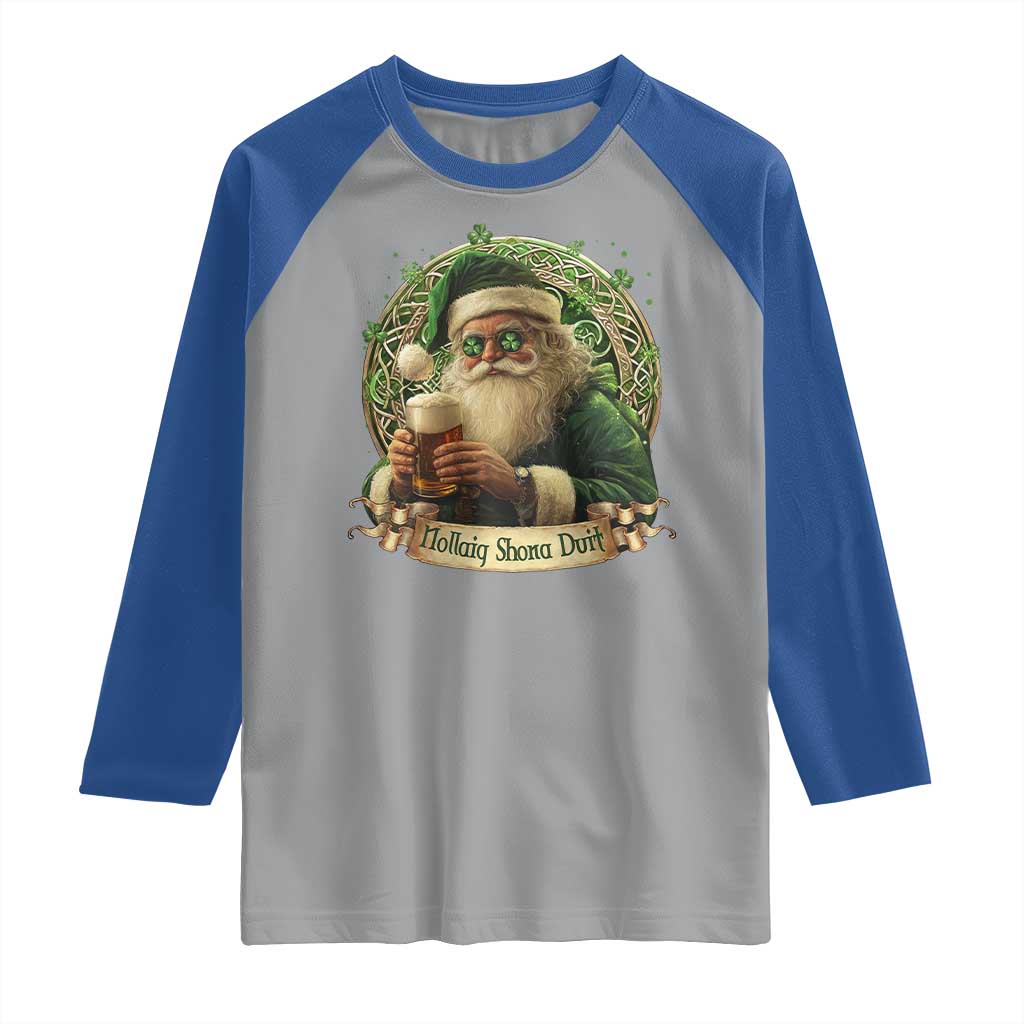 Irish Christmas Raglan Shirt Nollaig Shona Duit Shamrock Santa Drinking Beer TS09 Sport Gray Royal Print Your Wear