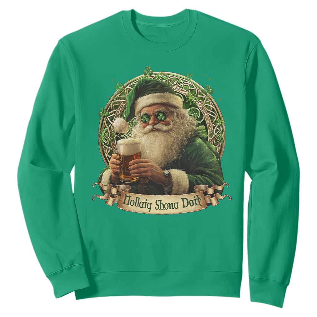 Irish Christmas Sweatshirt Nollaig Shona Duit Shamrock Santa Drinking Beer TS09 Irish Green Print Your Wear