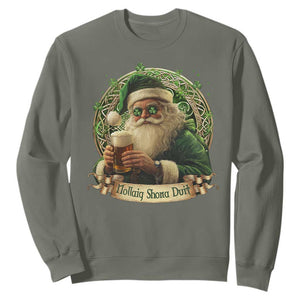 Irish Christmas Sweatshirt Nollaig Shona Duit Shamrock Santa Drinking Beer TS09 Military Green Print Your Wear