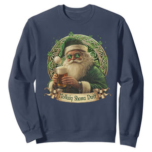 Irish Christmas Sweatshirt Nollaig Shona Duit Shamrock Santa Drinking Beer TS09 Navy Print Your Wear