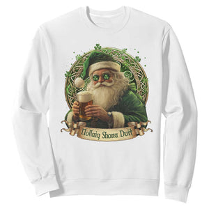 Irish Christmas Sweatshirt Nollaig Shona Duit Shamrock Santa Drinking Beer TS09 White Print Your Wear