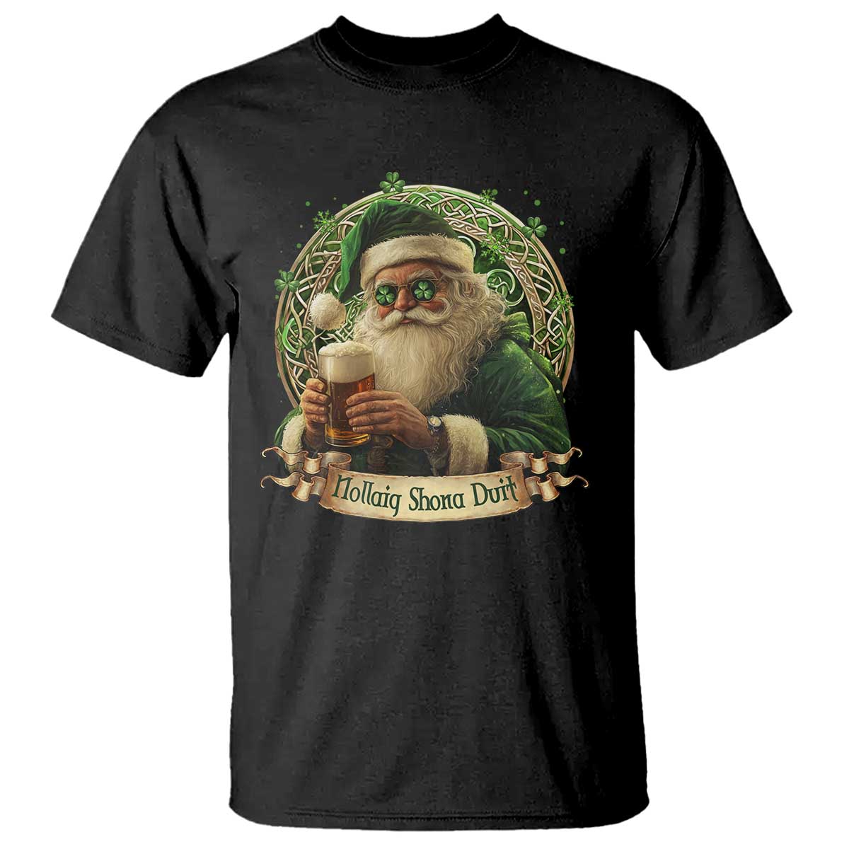 Irish Christmas T Shirt Nollaig Shona Duit Shamrock Santa Drinking Beer TS09 Black Print Your Wear