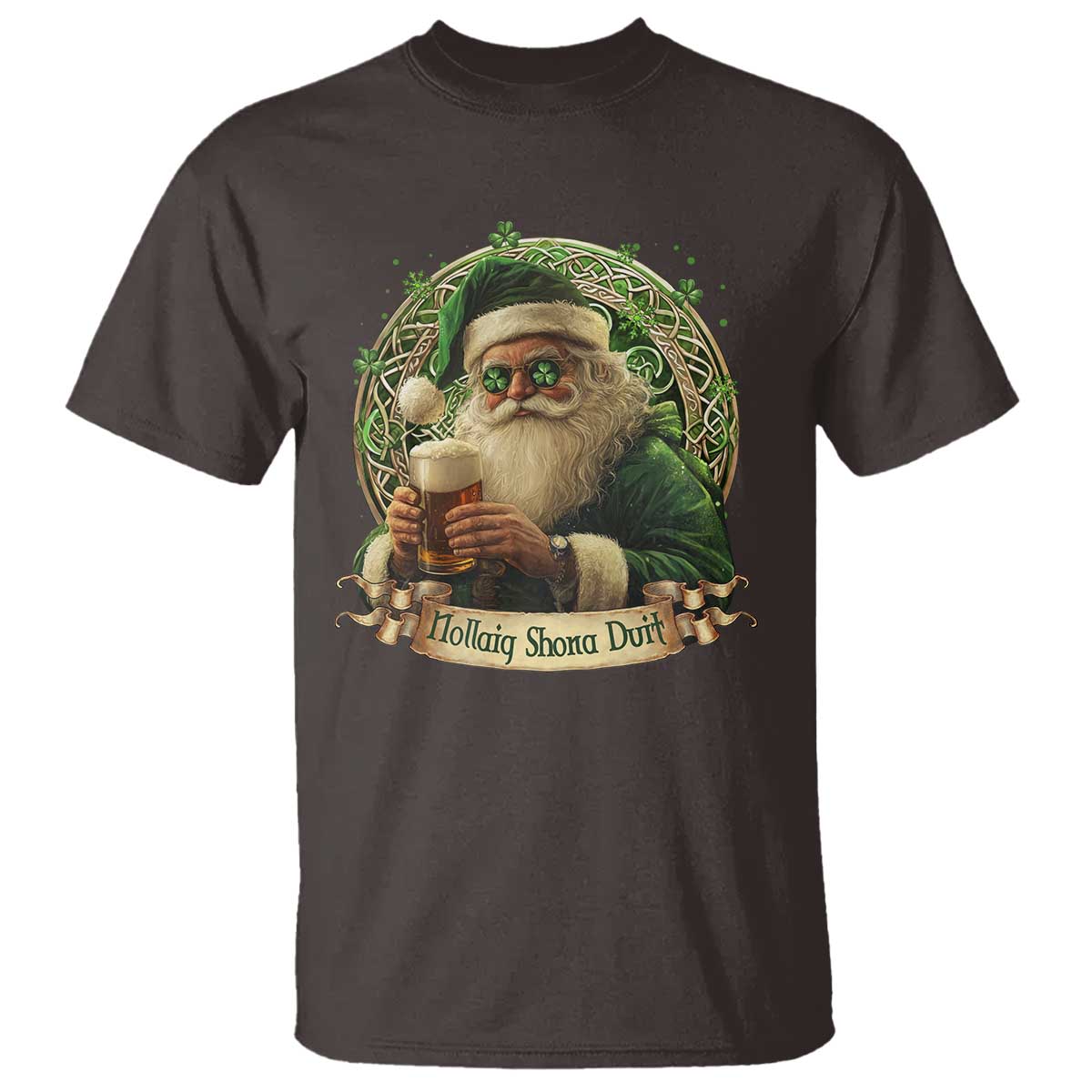 Irish Christmas T Shirt Nollaig Shona Duit Shamrock Santa Drinking Beer TS09 Dark Chocolate Print Your Wear