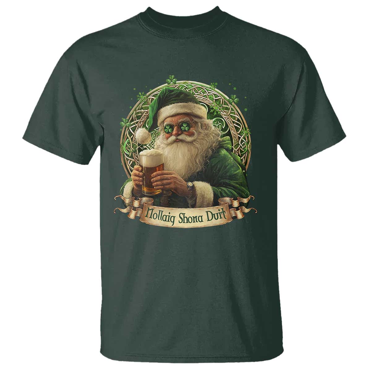 Irish Christmas T Shirt Nollaig Shona Duit Shamrock Santa Drinking Beer TS09 Dark Forest Green Print Your Wear