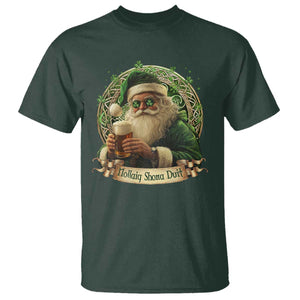 Irish Christmas T Shirt Nollaig Shona Duit Shamrock Santa Drinking Beer TS09 Dark Forest Green Print Your Wear