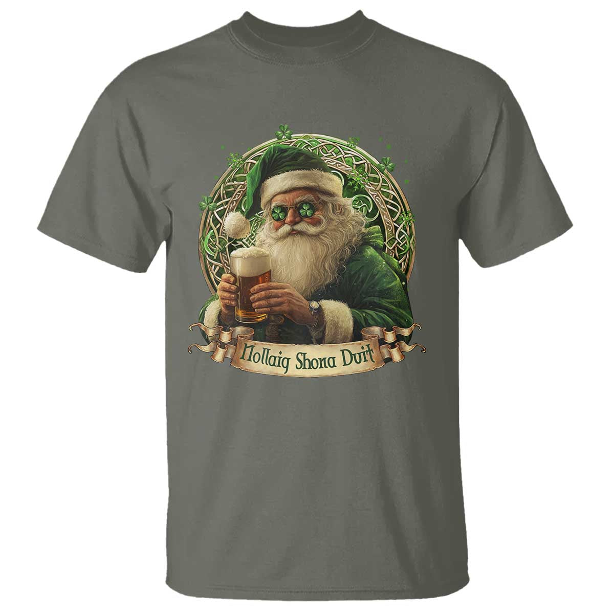 Irish Christmas T Shirt Nollaig Shona Duit Shamrock Santa Drinking Beer TS09 Military Green Print Your Wear