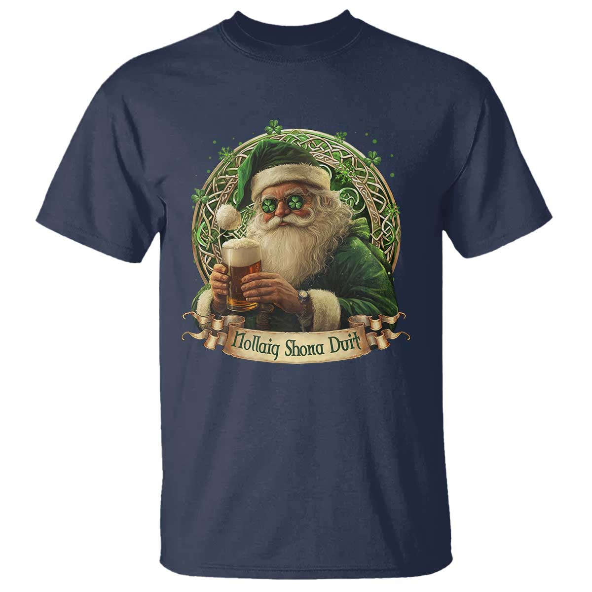 Irish Christmas T Shirt Nollaig Shona Duit Shamrock Santa Drinking Beer TS09 Navy Print Your Wear