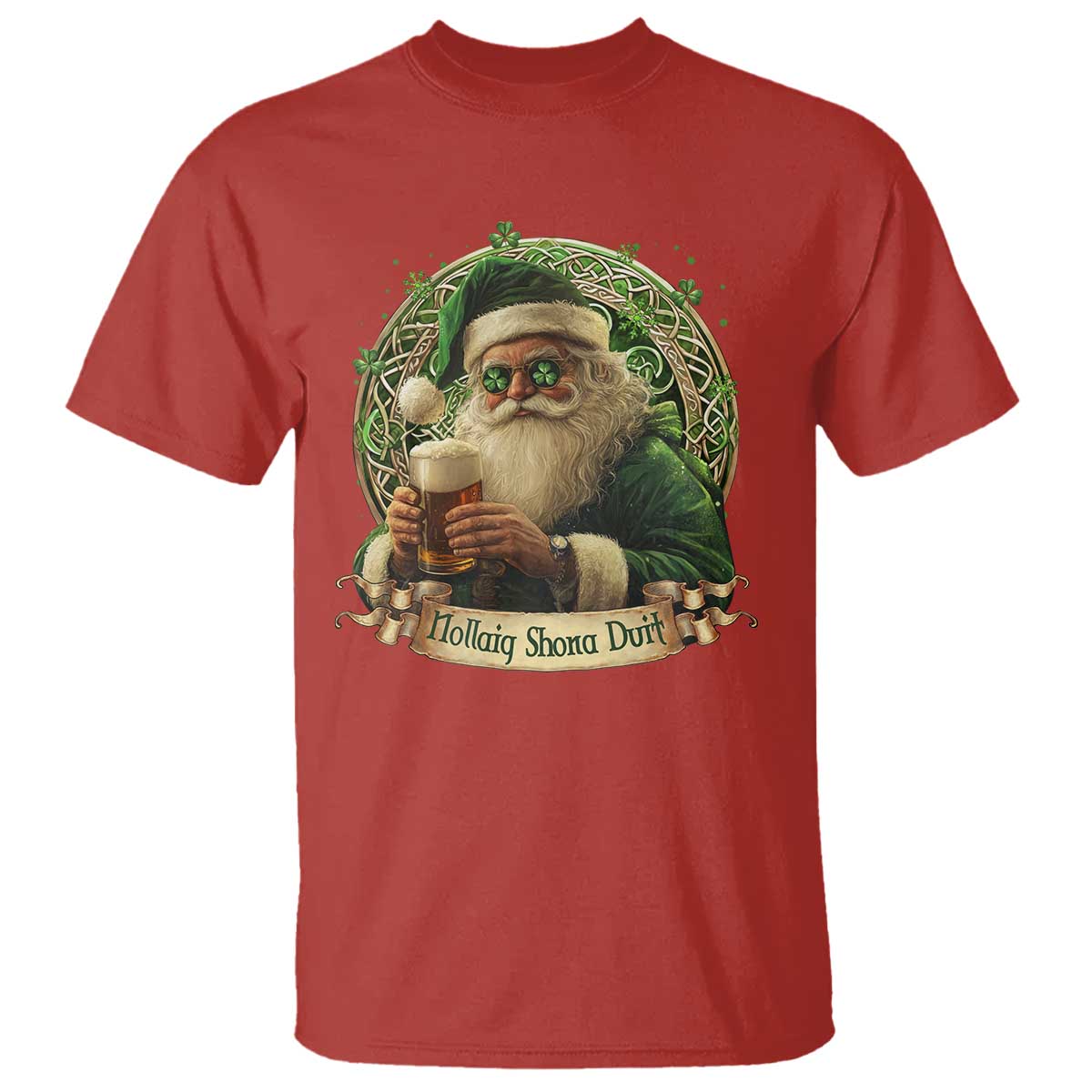 Irish Christmas T Shirt Nollaig Shona Duit Shamrock Santa Drinking Beer TS09 Red Print Your Wear