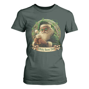 Irish Christmas T Shirt For Women Nollaig Shona Duit Shamrock Santa Drinking Beer TS09 Dark Forest Green Print Your Wear