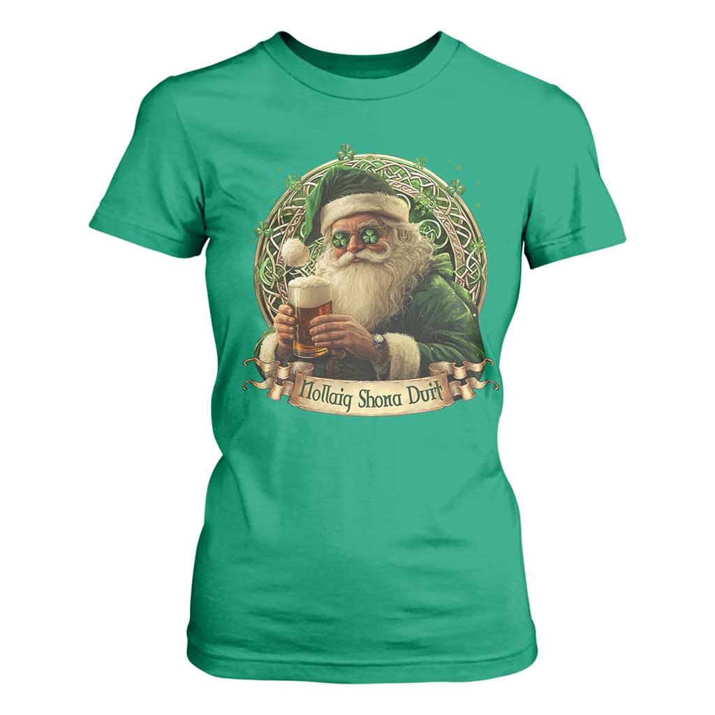 Irish Christmas T Shirt For Women Nollaig Shona Duit Shamrock Santa Drinking Beer TS09 Irish Green Print Your Wear