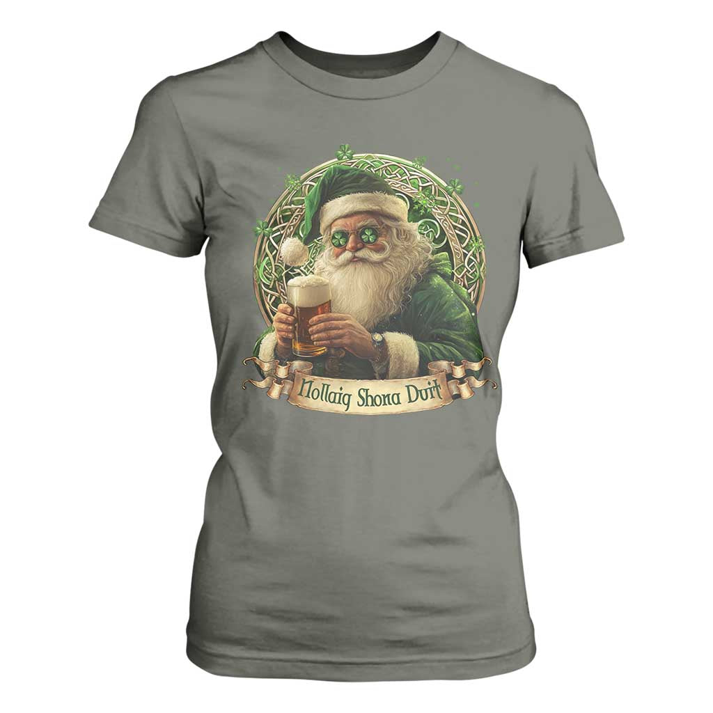 Irish Christmas T Shirt For Women Nollaig Shona Duit Shamrock Santa Drinking Beer TS09 Military Green Print Your Wear