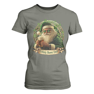Irish Christmas T Shirt For Women Nollaig Shona Duit Shamrock Santa Drinking Beer TS09 Military Green Print Your Wear